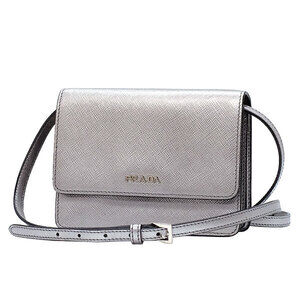 PRADA Shoulder Wallet Crossbody Pochette Saffiano Silver Clutch 560 42
